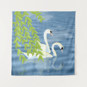 Blauw en groen paar zwanen op het meer wandkleed