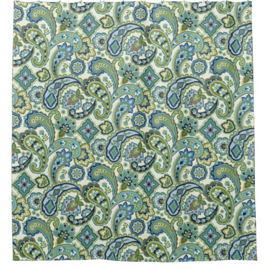 Blauw en Groen Paisley Douchegordijn (Voorkant)