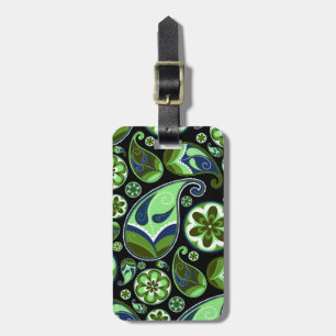 Blauw en Groen Paisley op zwart Bagagelabel