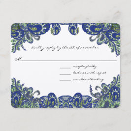 Blauw en groen pauw huwelijksfeest RSVP kaartje