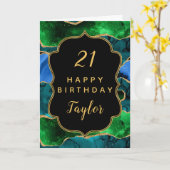 Blauw en Groen Peacock Agaat Gelukkige Verjaardag Kaart (Gele Bloem)