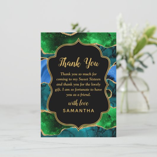 Blauw en Groen Peacock Agaat Zoet Zestien Bedankkaart (Staand voorkant)