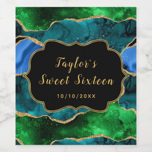 Blauw en Groen Peacock Agaat Zoet Zestien Wijn Etiket (Enkel label)