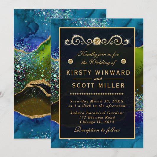 Blauw- en Groen Peacock Agate & goudglitter Wedden Kaart (Voorkant / Achterkant)