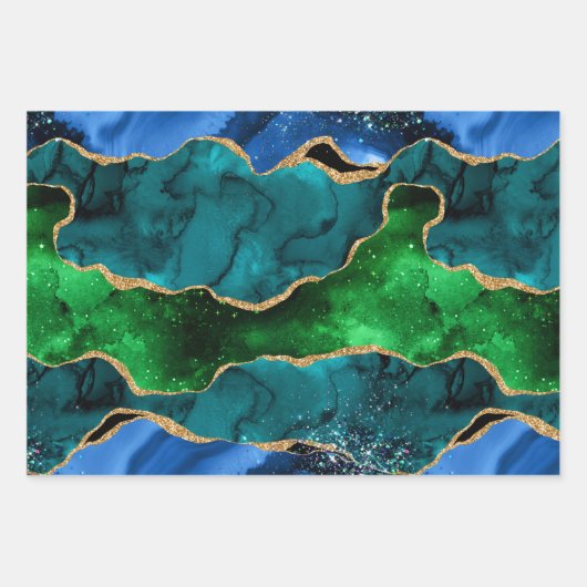 Blauw en groen Peacock Faux Glitter Agate Inpakpapier Vel (Voorkant 3)