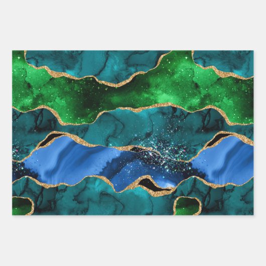 Blauw en groen Peacock Faux Glitter Agate Inpakpapier Vel (Voorkant 2)