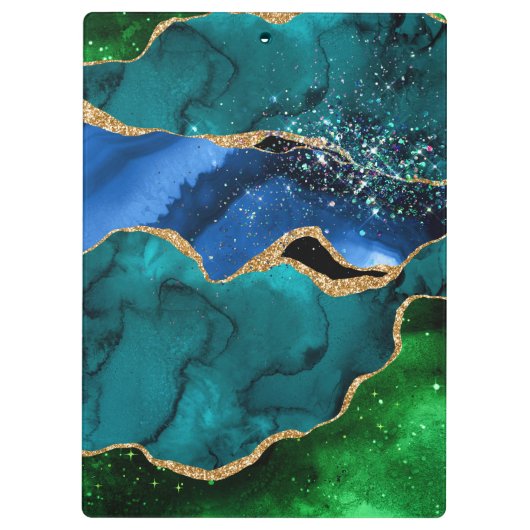 Blauw en groen Peacock Faux Glitter Agate Klembord (Achterkant)