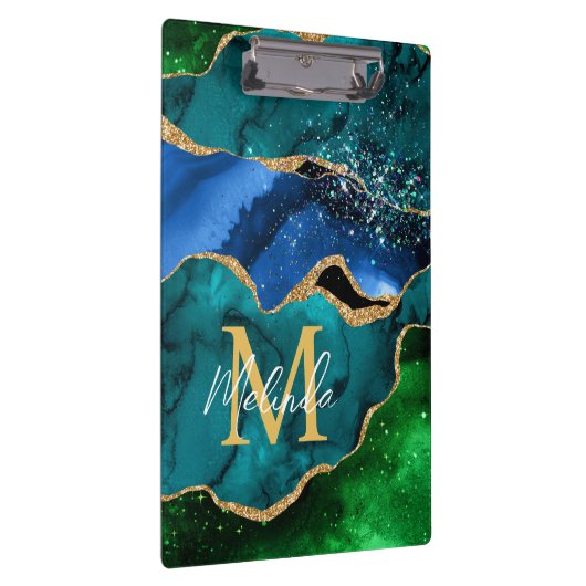 Blauw en groen Peacock Faux Glitter Agate Klembord (Rechts)