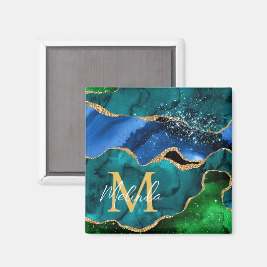 Blauw en groen Peacock Faux Glitter Agate Magneet (Voorkant / Achterkant)