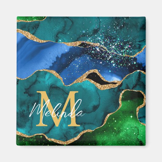 Blauw en groen Peacock Faux Glitter Agate Magneet (Voorkant)