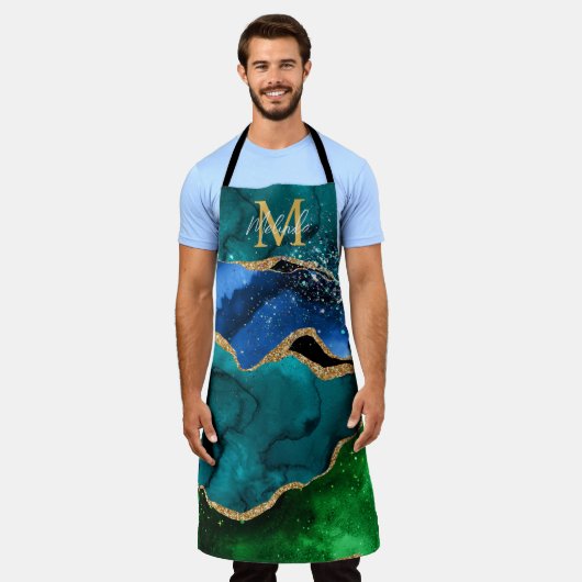 Blauw en groen Peacock Faux Glitter Agate Schort (Gedragen)