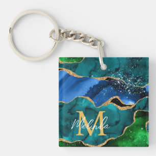 Blauw en groen Peacock Faux Glitter Agate Sleutelhanger