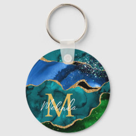 Blauw en groen Peacock Faux Glitter Agate Sleutelhanger