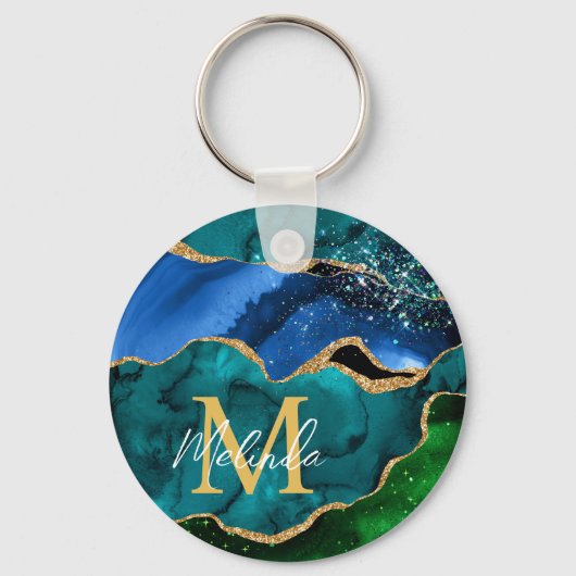 Blauw en groen Peacock Faux Glitter Agate Sleutelhanger (Voorkant)
