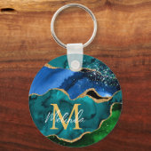 Blauw en groen Peacock Faux Glitter Agate Sleutelhanger (Achterkant)