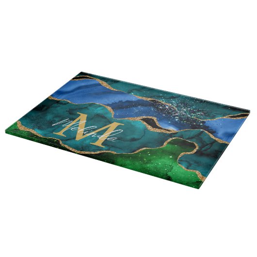 Blauw en groen Peacock Faux Glitter Agate Snijplank (Hoek)