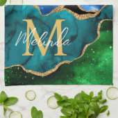 Blauw en groen Peacock Faux Glitter Agate Theedoek (Gevouwen)