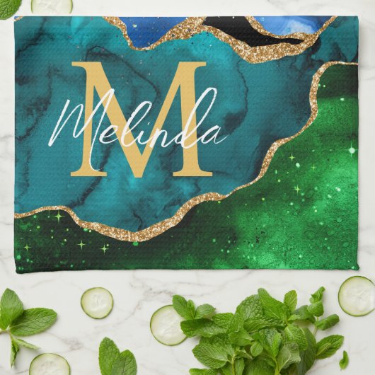 Blauw en groen Peacock Faux Glitter Agate Theedoek (Gevouwen)