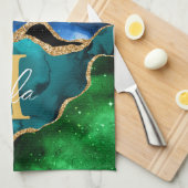 Blauw en groen Peacock Faux Glitter Agate Theedoek (Quarter Fold)