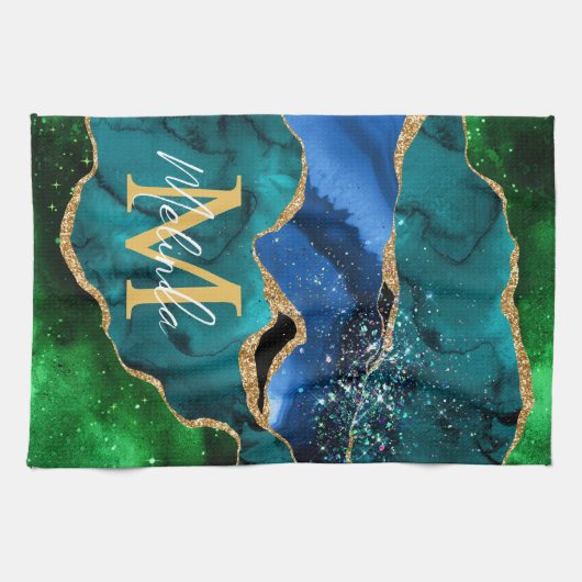 Blauw en groen Peacock Faux Glitter Agate Theedoek (Horizontaal)