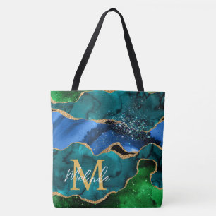 Blauw en groen Peacock Faux Glitter Agate Tote Bag