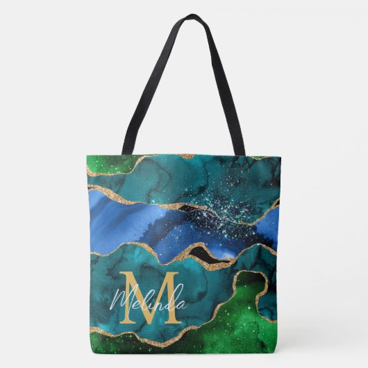 Blauw en groen Peacock Faux Glitter Agate Tote Bag (Voorkant)