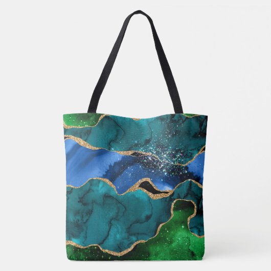 Blauw en groen Peacock Faux Glitter Agate Tote Bag (Achterkant)