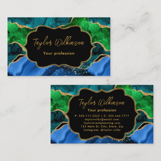 Blauw en groen Peacock Faux Glitter Agate Visitekaartje (Voorkant / Achterkant)