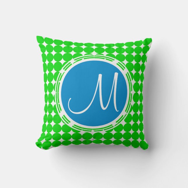 Blauw- en Groen Polka Dot Monogram Kussen (Voorkant)