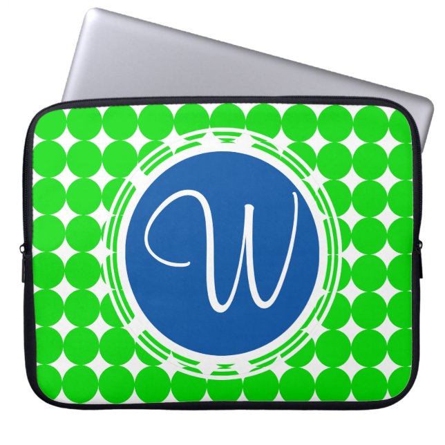 Blauw- en Groen Polka Dot Monogram Laptop Sleeve (Voorkant)