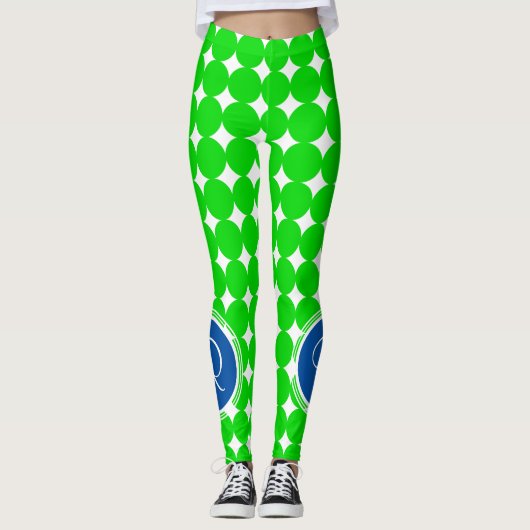 Blauw- en Groen Polka Dot Monogram Leggings (Voorkant)