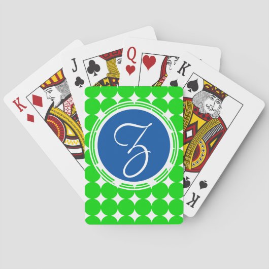 Blauw- en Groen Polka Dot Monogram Pokerkaarten (Achterkant)