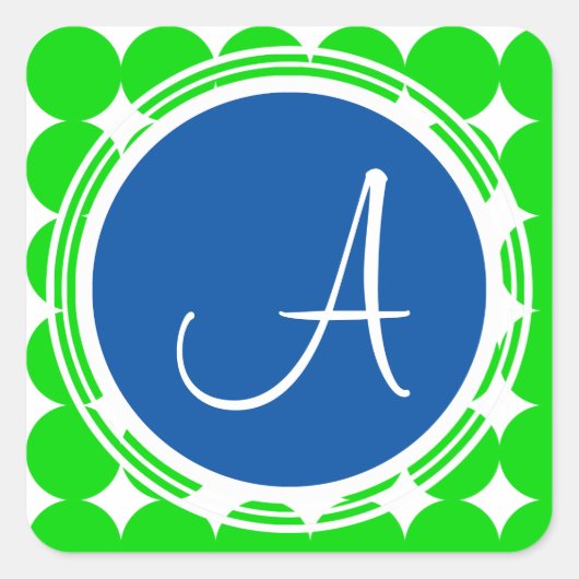 Blauw- en Groen Polka Dot Monogram Vierkante Sticker (Voorkant)