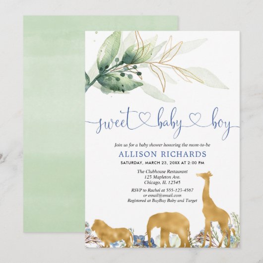 Blauw en groen safari oerwoud boy baby shower kaart (Voorkant / Achterkant)