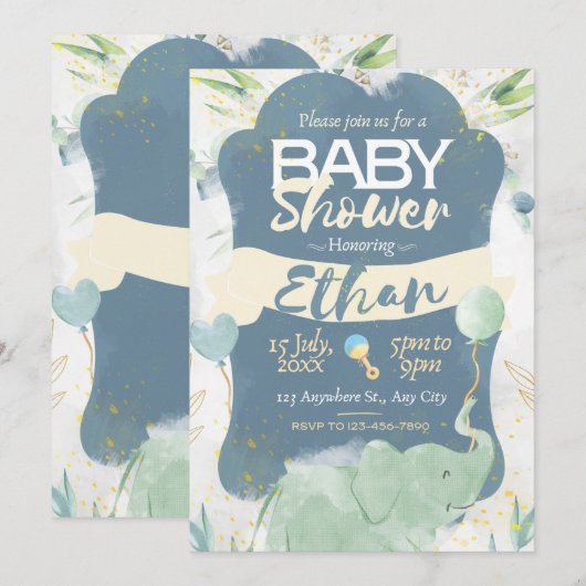 Blauw en Groen Schattige Baby shower Uitnodiging (Voorkant / Achterkant)
