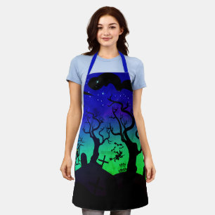 Blauw en groen spookachtig kerkhof Halloween Schort