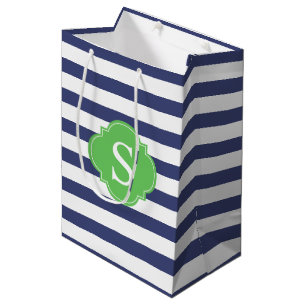 Blauw en groen Stripes Patroon en Monogram Medium Cadeauzakje