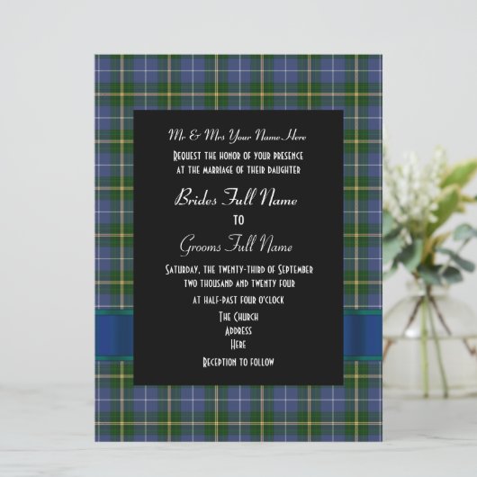 Blauw en groen tartan geruite formele bruiloft kaart (Staand voorkant)