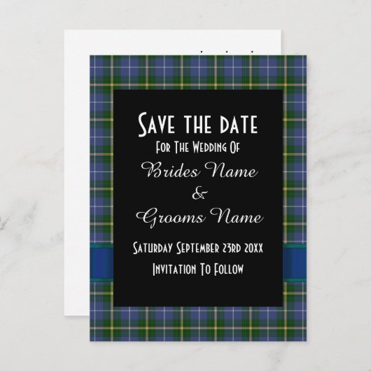 Blauw en groen tartan plaid save the date aankondigingskaart (Voorkant / Achterkant)