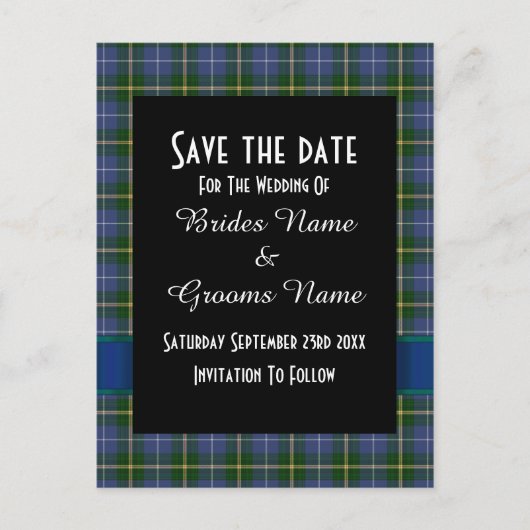 Blauw en groen tartan plaid save the date aankondigingskaart (Voorkant)