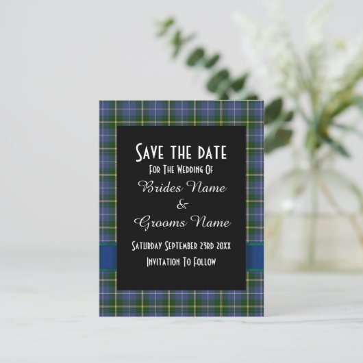 Blauw en groen tartan plaid save the date aankondigingskaart (Staand voorkant)