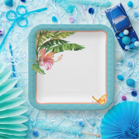 Blauw en Groen Tropisch Bladeren Bloempapier Bord (Feest)