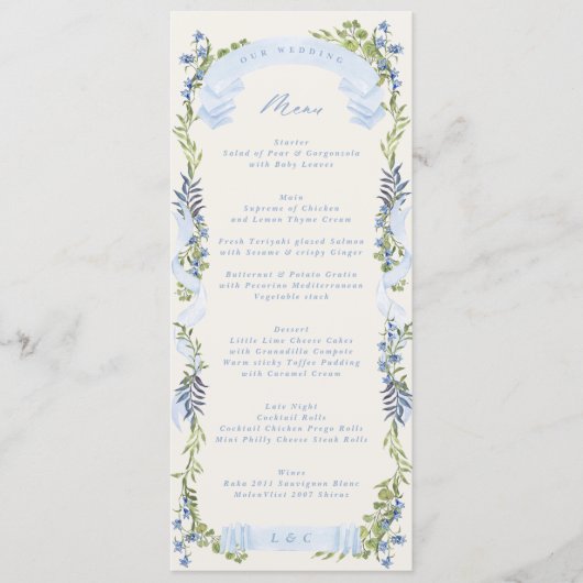 blauw en groen tuin crest krans bruiloft menu (Voorkant)