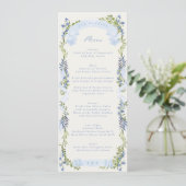 blauw en groen tuin crest krans bruiloft menu (Staand voorkant)