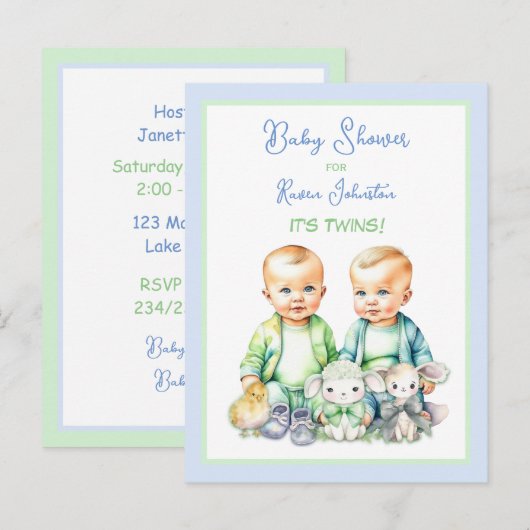 Blauw en Groen Twin Boys Baby Douche Uitnodigingen (Voorkant / Achterkant)