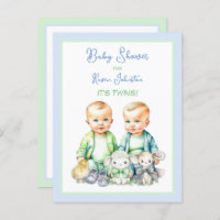 Blauw en Groen Twin Boys Baby Douche Uitnodigingen