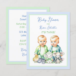 Blauw en Groen Twin Boys Baby Douche Uitnodigingen