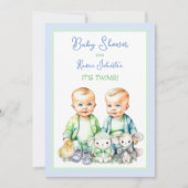 Blauw en Groen Twin Boys Baby Douche Uitnodigingen (Voorkant)