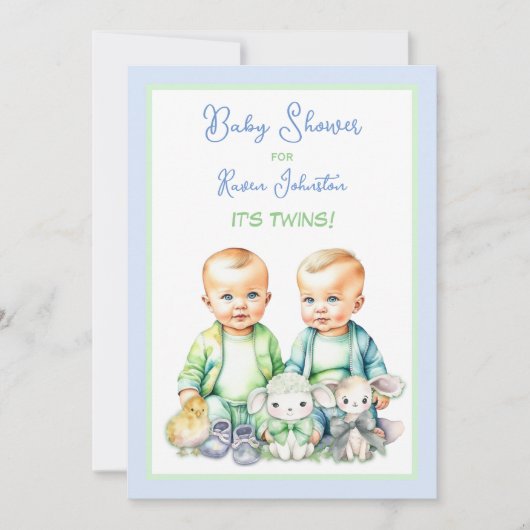 Blauw en Groen Twin Boys Baby Douche Uitnodigingen (Voorkant)