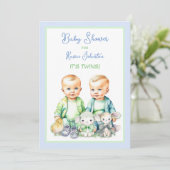 Blauw en Groen Twin Boys Baby Douche Uitnodigingen (Staand voorkant)
